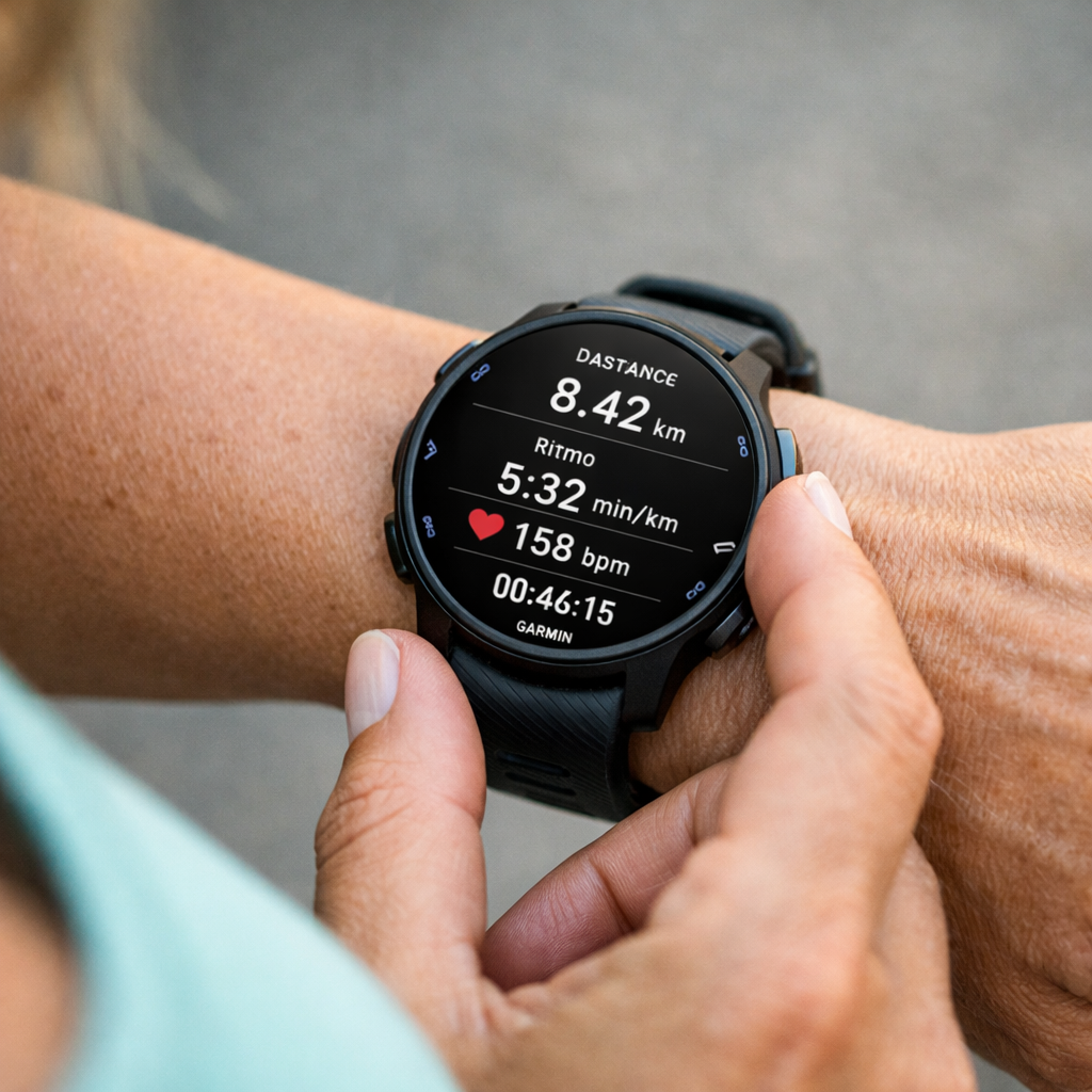 mulher analisando relogio garmin durante corrida metricas de treino
