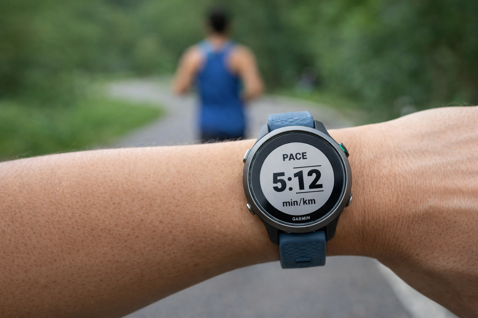 relogio de corrida mostrando pace por km no pulso de corredor durante treino