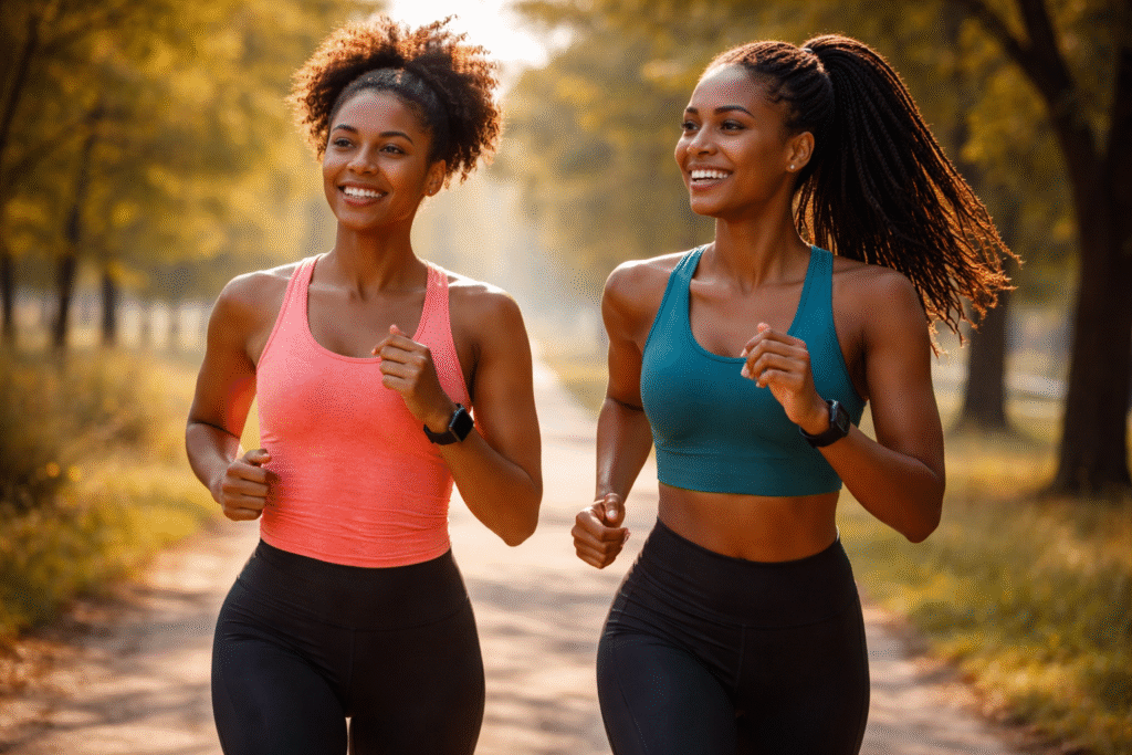 duas mulheres negras correndo treino para corrida de 5km