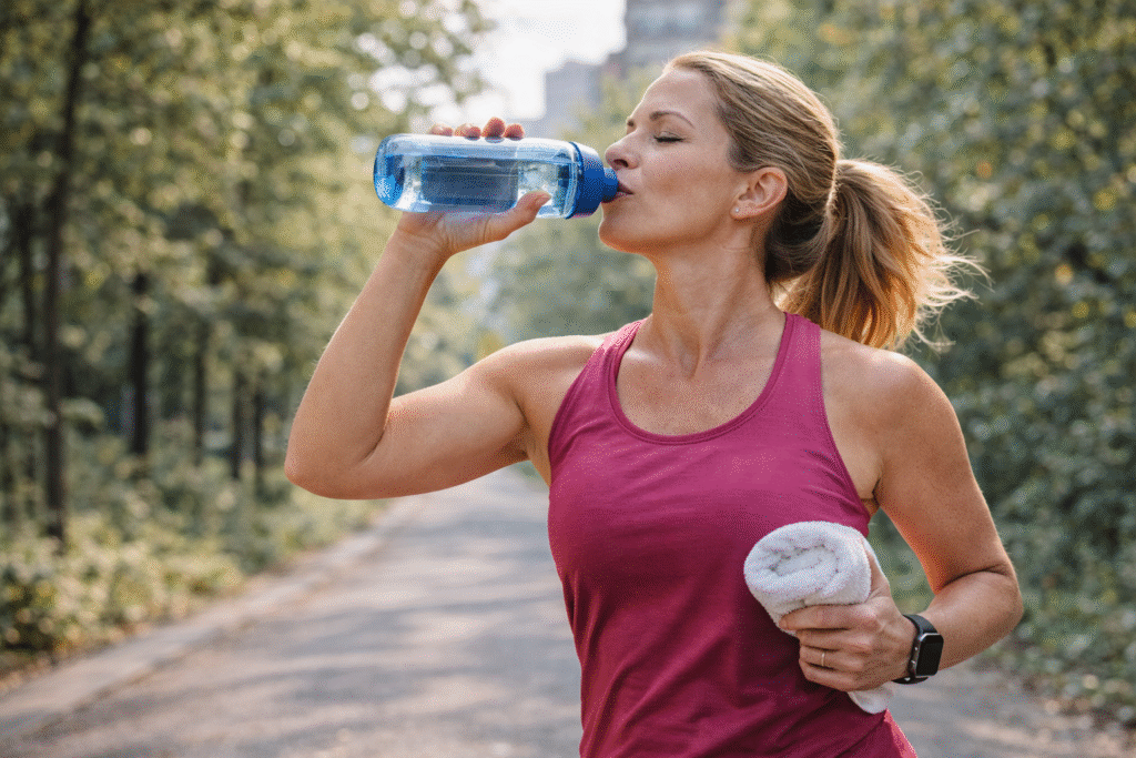 mulher bebendo agua durante corrida estrategia de hidratacao corrida de rua