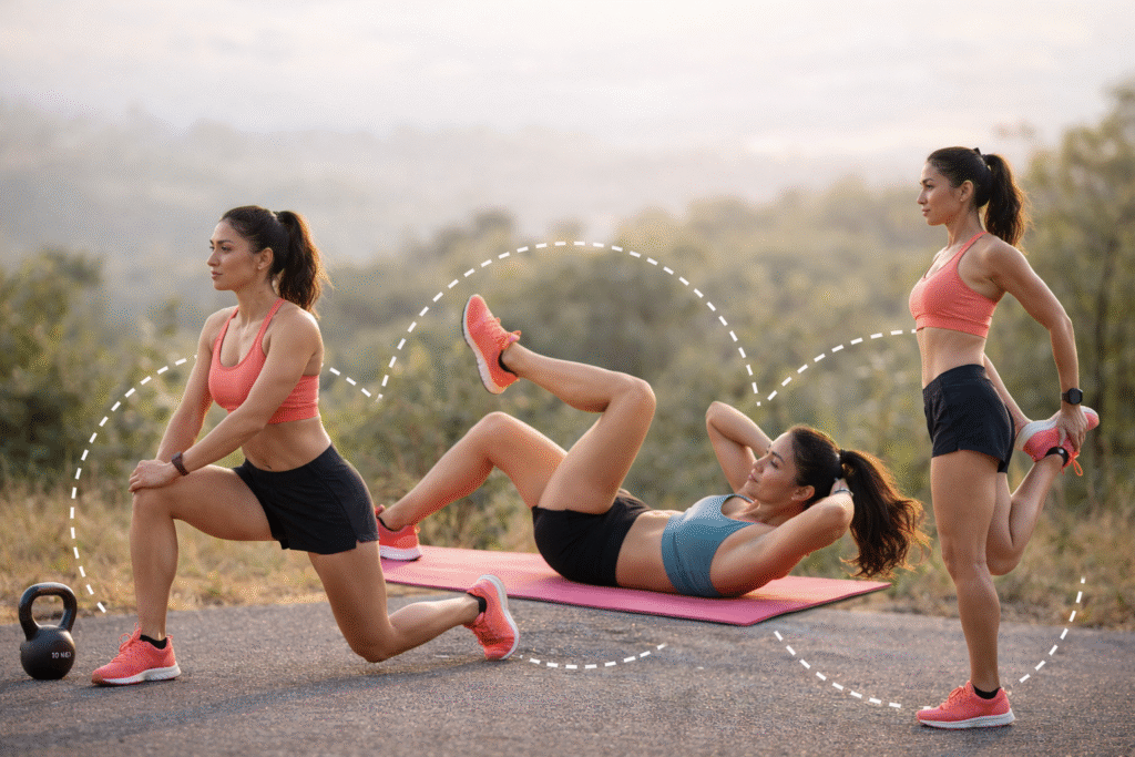 mulher fazendo fortalecimento e alongamento para corrida exercicios para corredores de rua