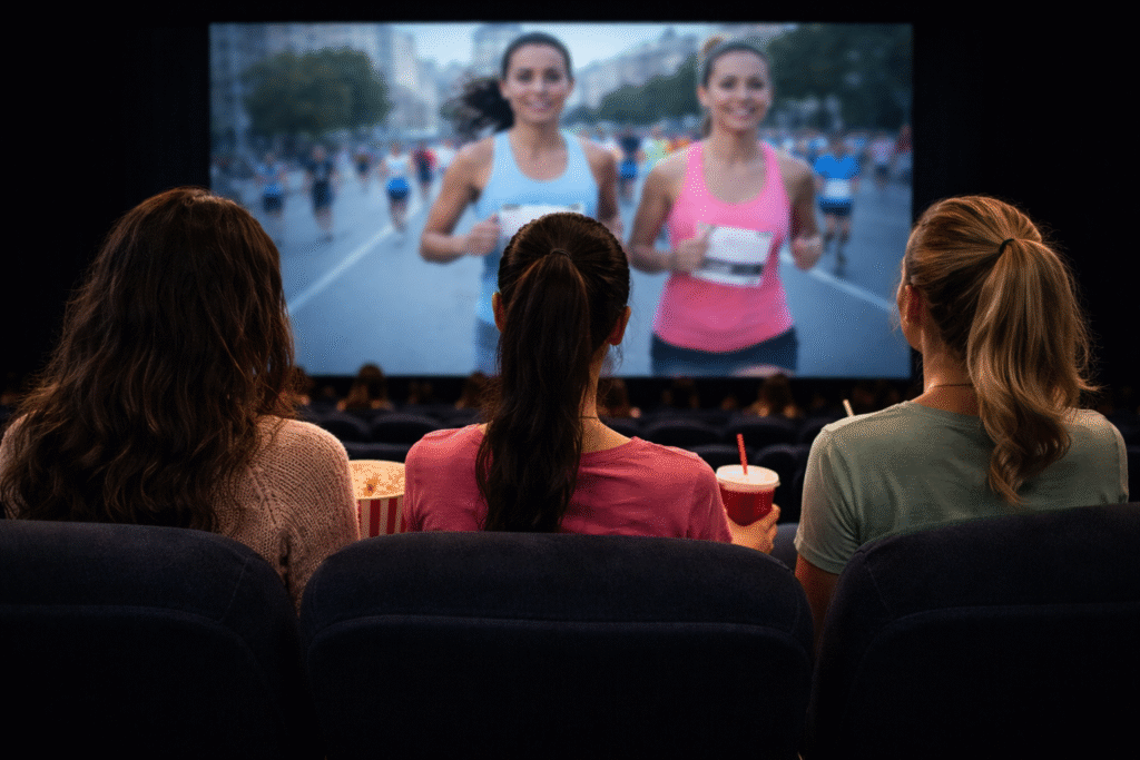 mulheres assistindo filme sobre corrida de rua no cinema