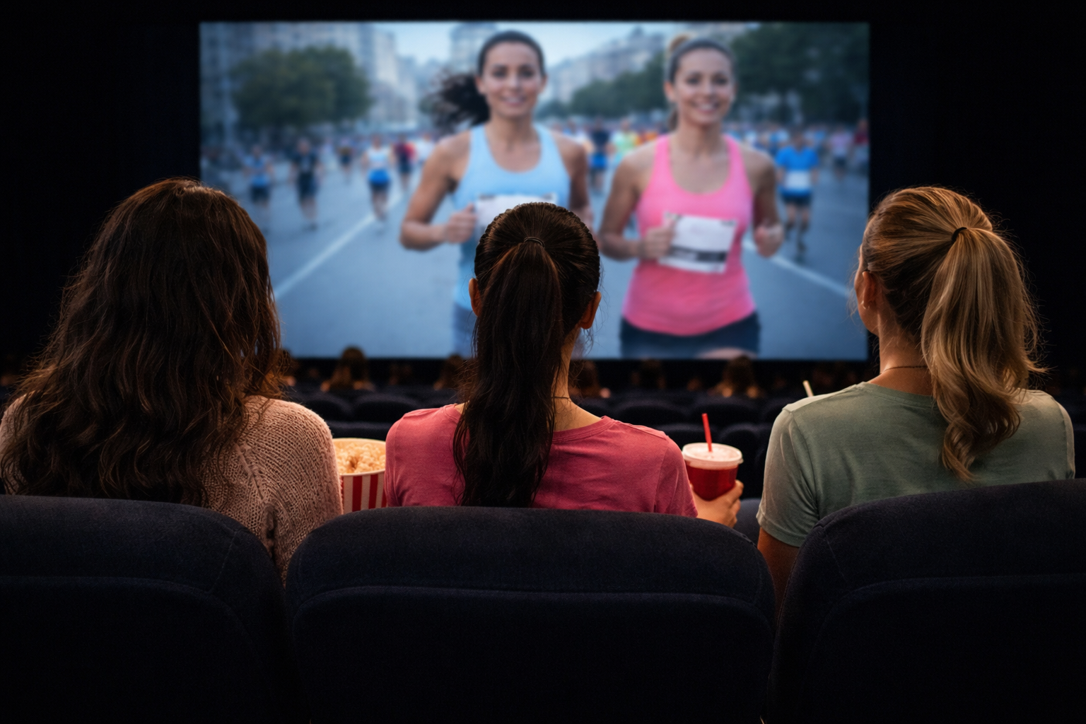 mulheres assistindo filme sobre corrida de rua no cinema