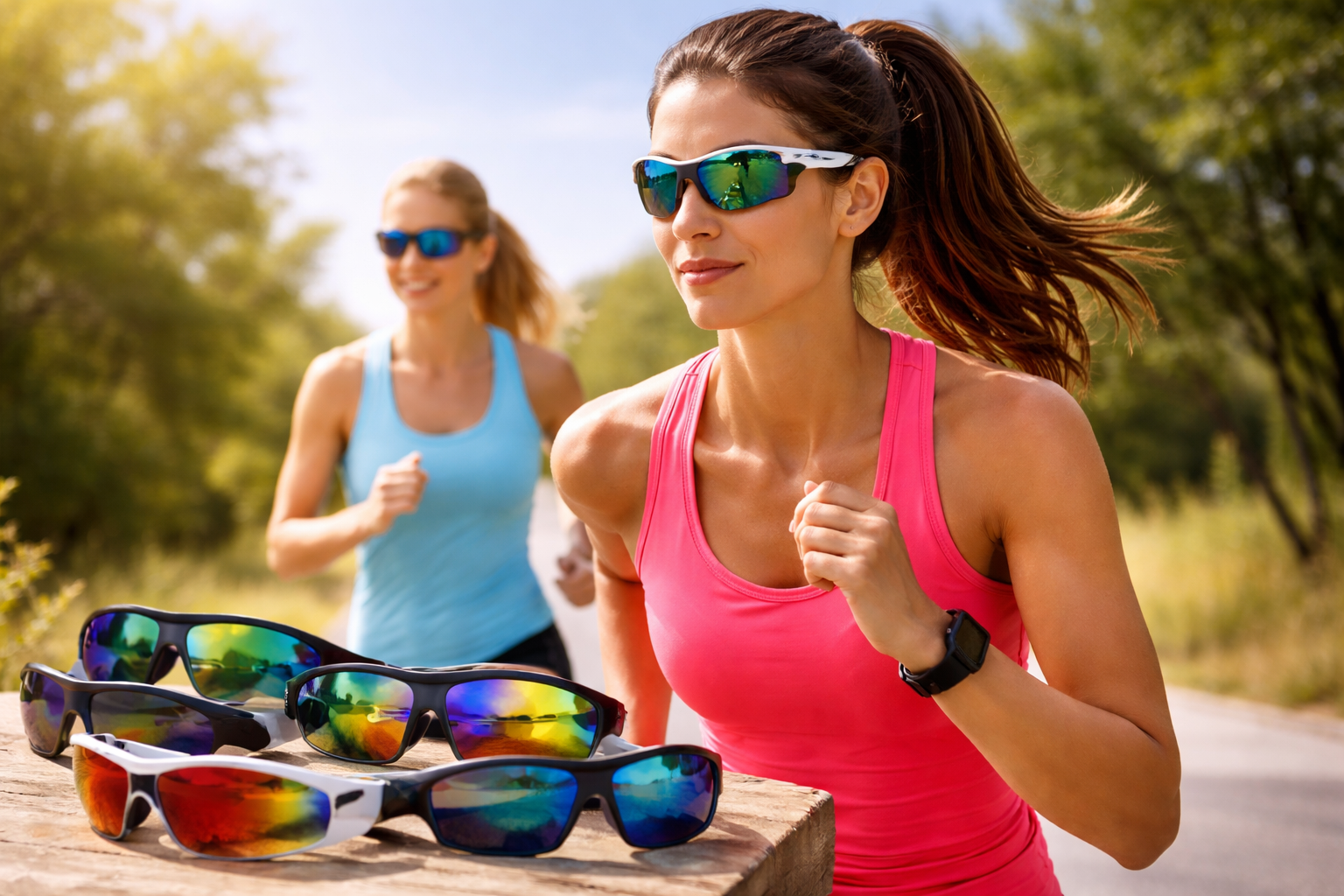 duas mulheres correndo com oculos esportivos na rua beneficios do uso de oculos para corrida feminina