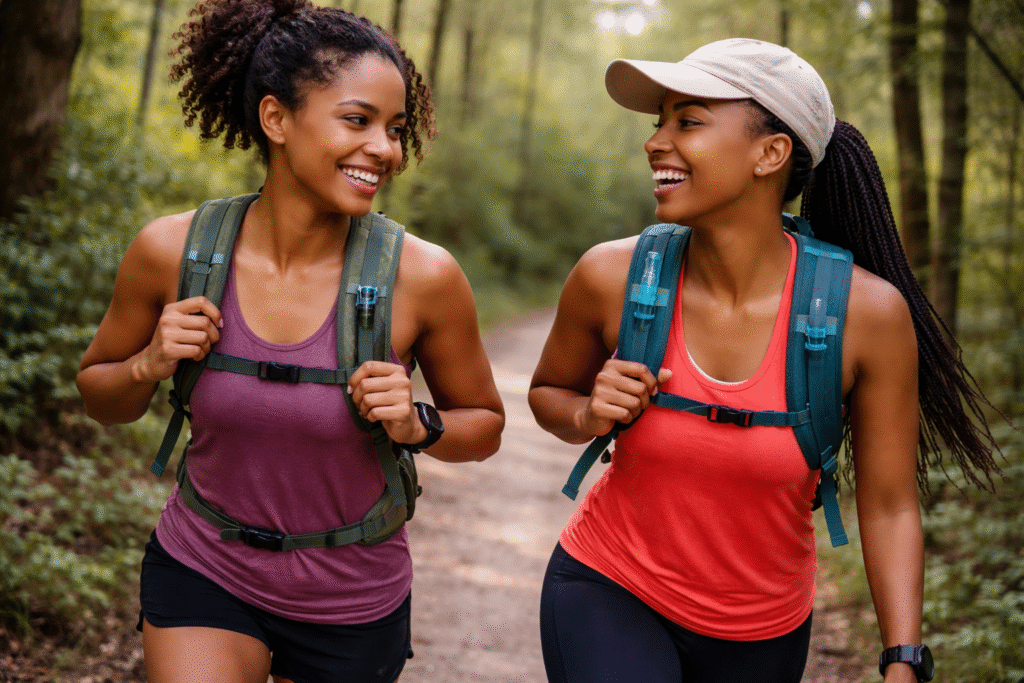 duas mulheres iniciantes correndo trilha na natureza trail running feminino
