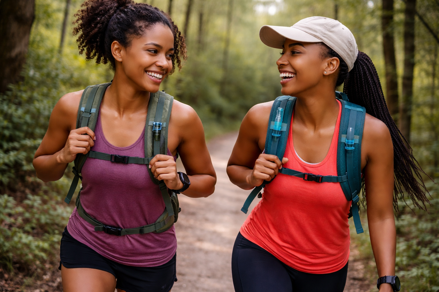 duas mulheres iniciantes correndo trilha na natureza trail running feminino