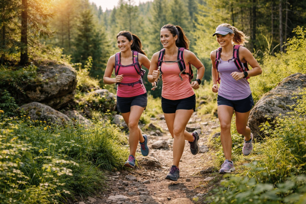 grupo de mulheres correndo em trilha na natureza trail running feminino