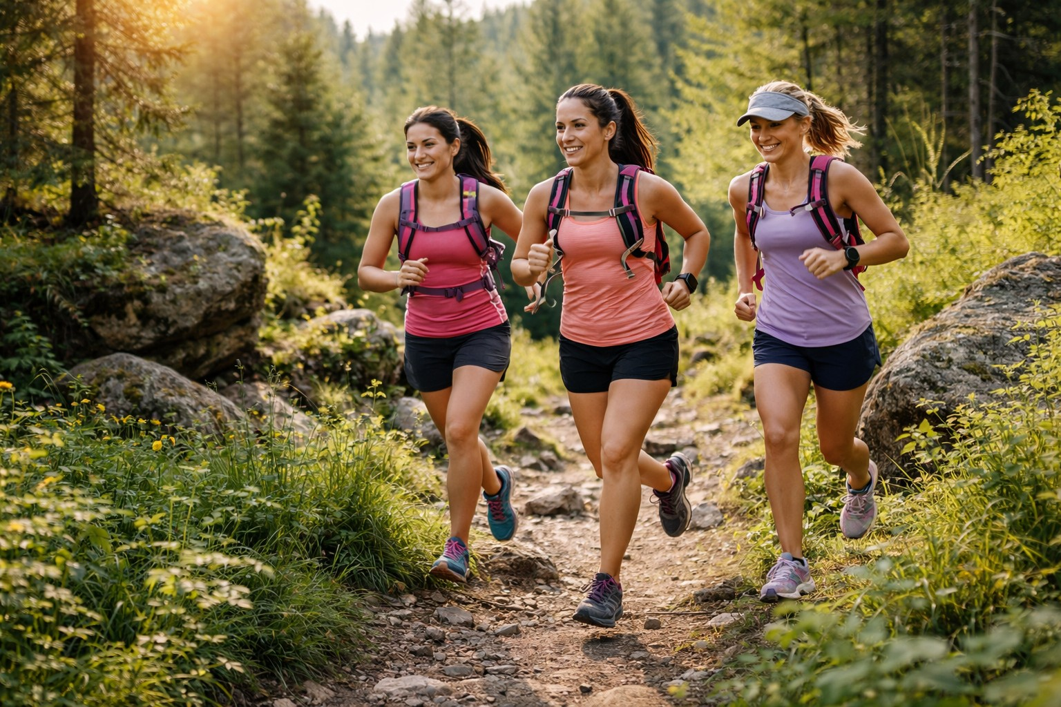 grupo de mulheres correndo em trilha na natureza trail running feminino