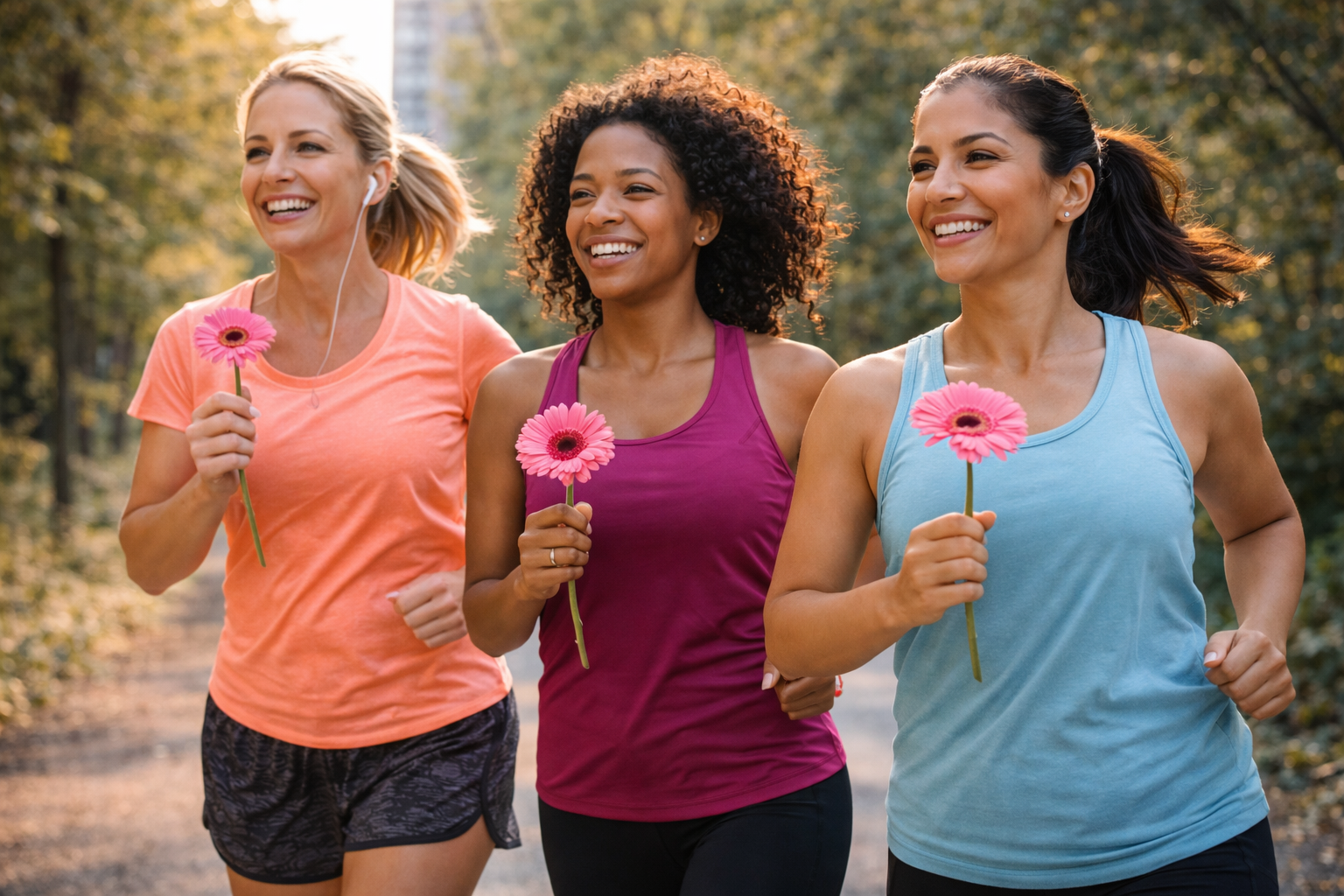 grupo de mulheres correndo juntas celebrando dia internacional da mulher corrida feminina