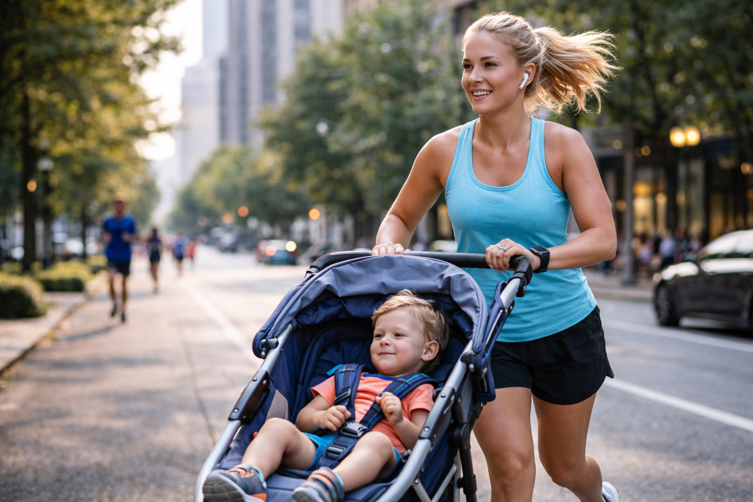 mae correndo na rua com carrinho de bebe conciliando maternidade e corrida