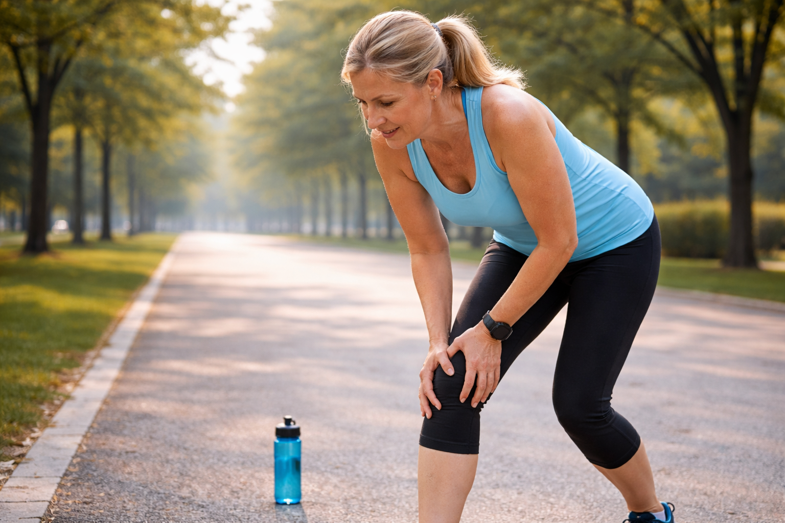 mulher acima dos 40 com dor no joelho durante corrida como evitar lesoes corrida