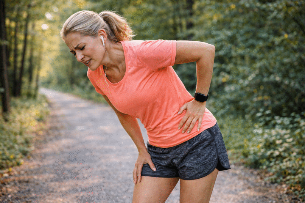 mulher com dor no quadril durante corrida sintomas de lesao corrida