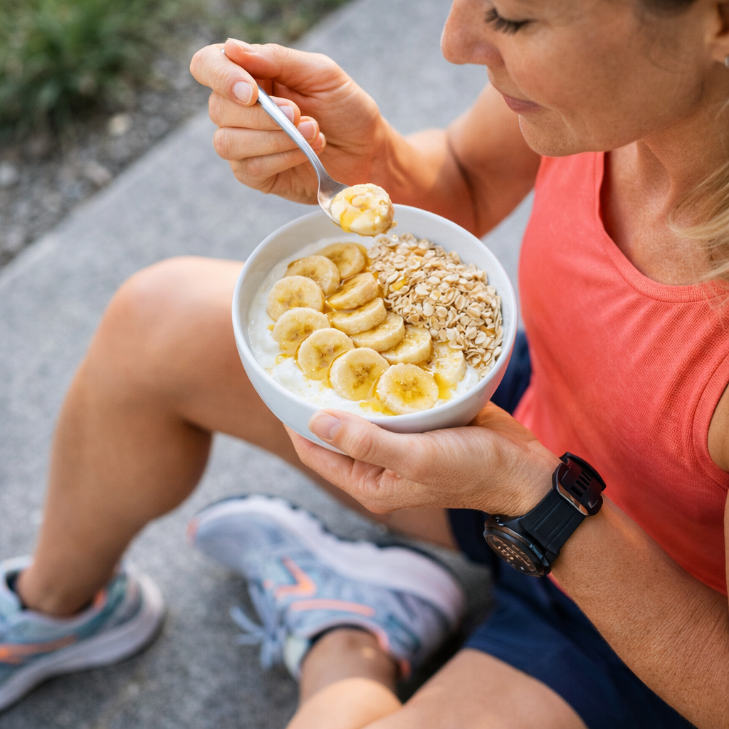 mulher comendo iogurte com banana aveia e mel antes de correr preparo para corrida