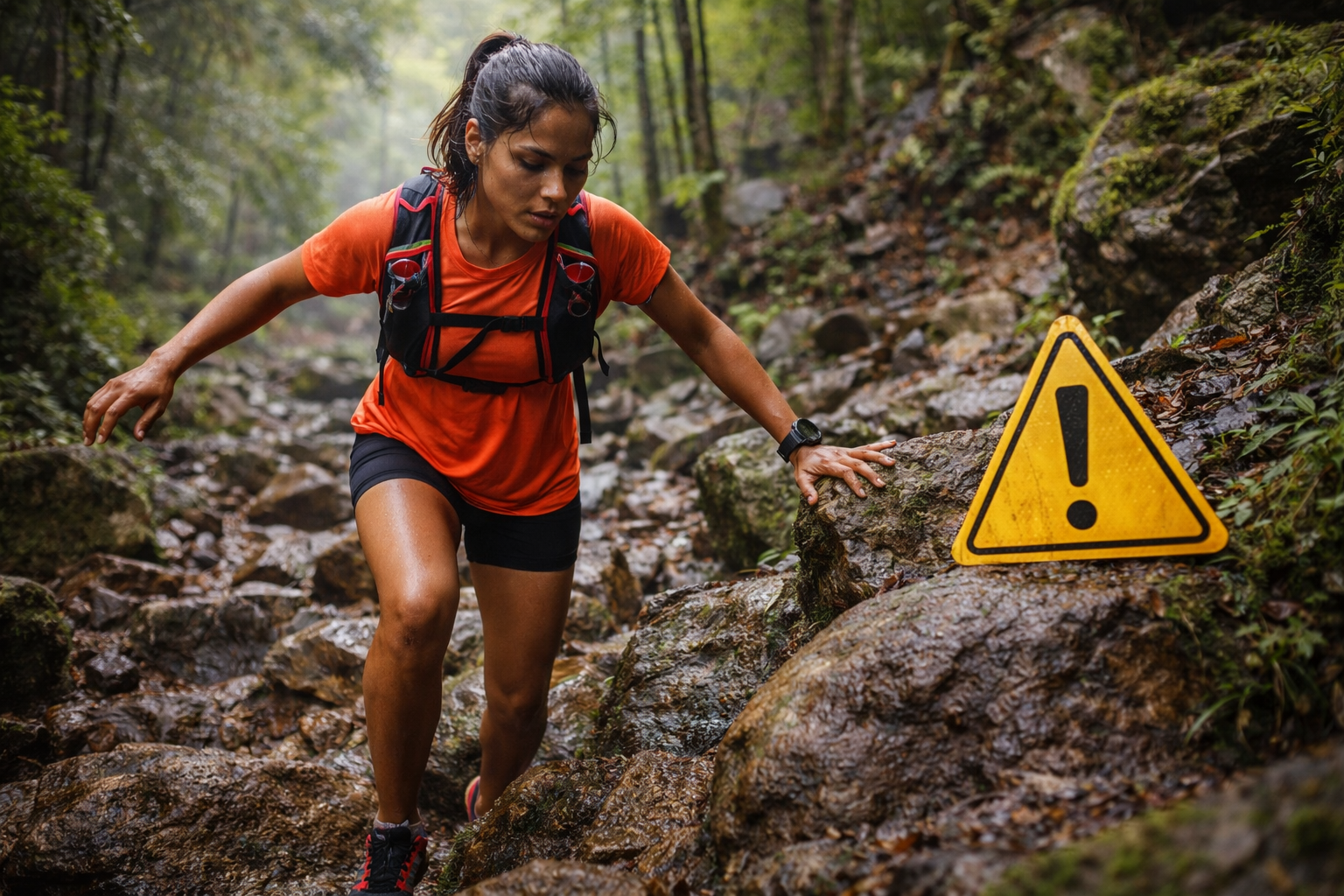 mulher correndo em trilha com atenção em terreno irregular segurança na corrida de trilha