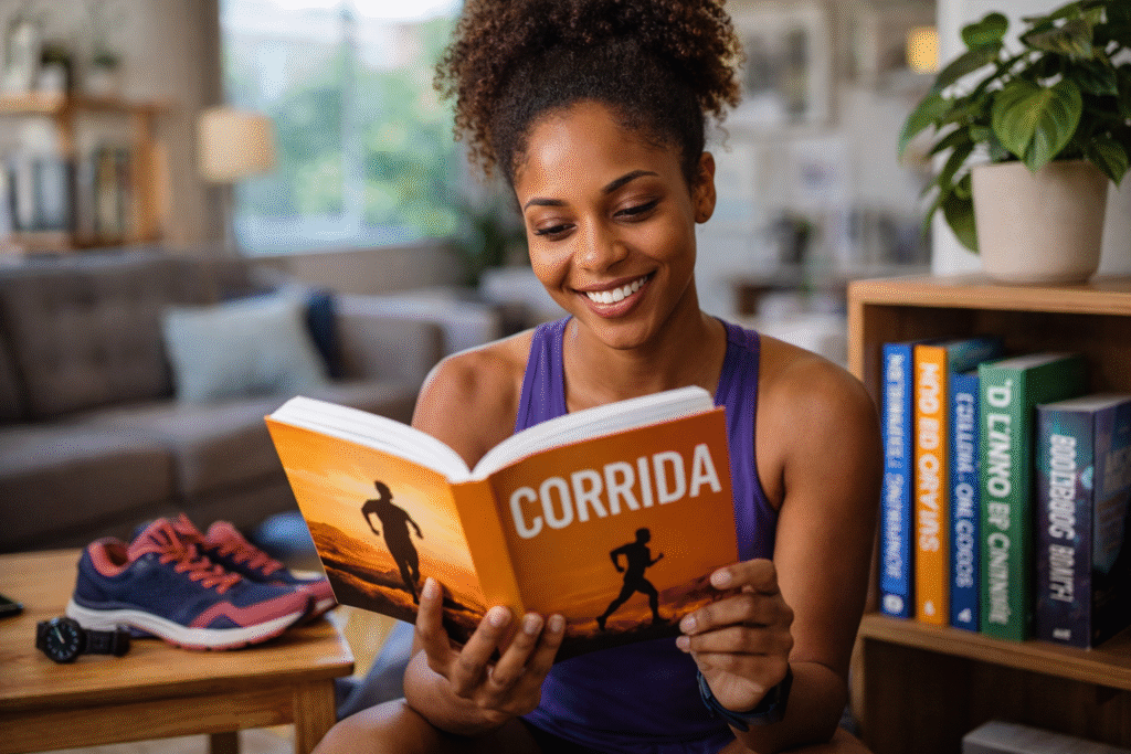 mulher lendo livro sobre corrida de rua em casa corredora estudando treino