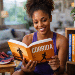 mulher lendo livro sobre corrida de rua em casa corredora estudando treino