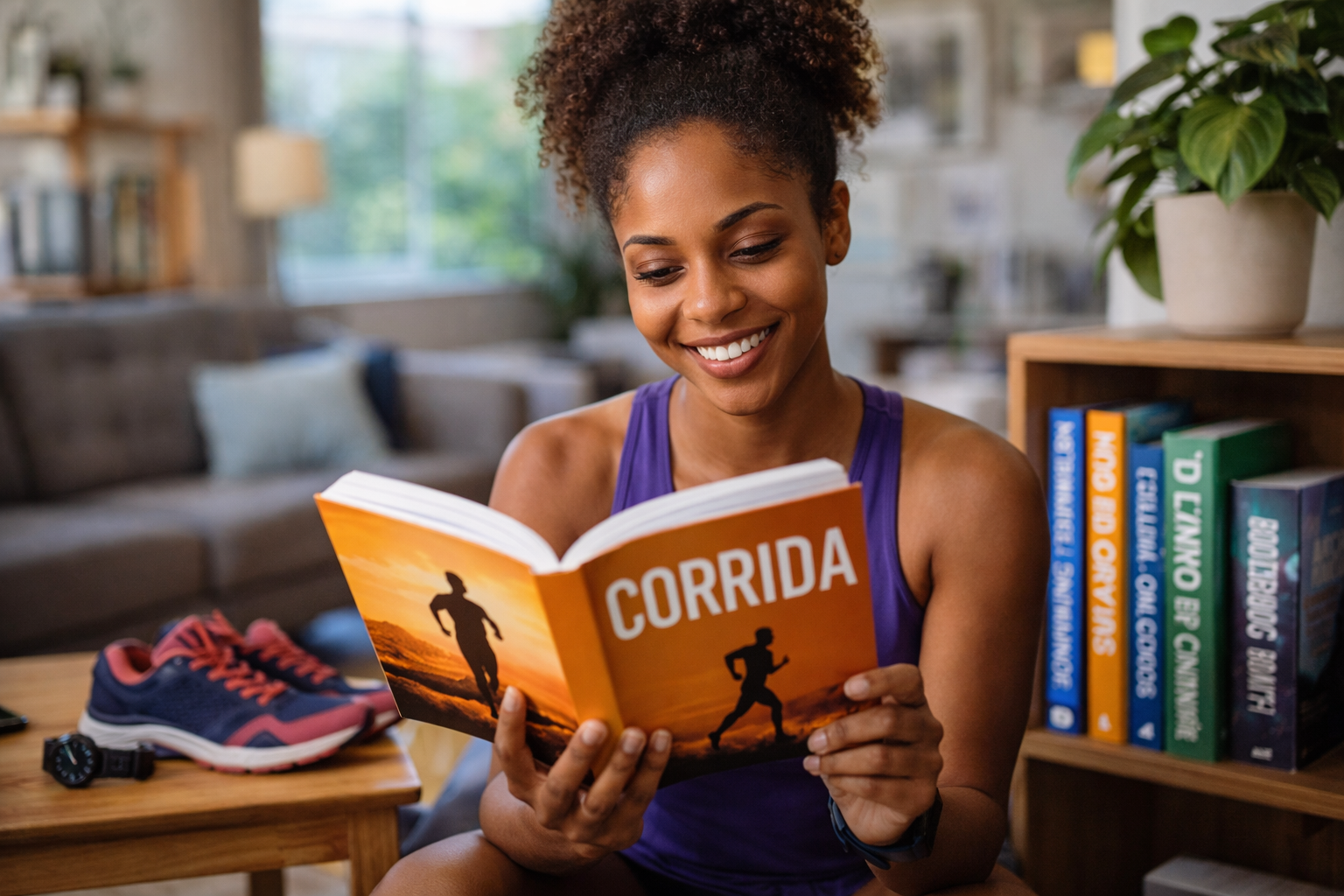 mulher lendo livro sobre corrida de rua em casa corredora estudando treino