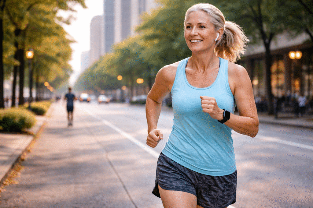 mulher mais velha correndo na avenida beneficios da corrida na menopausa