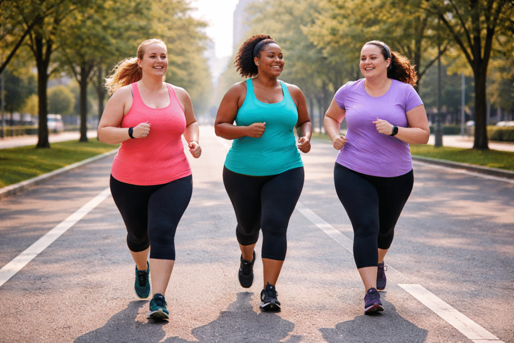 tres mulheres acima do peso correndo em avenida corrida de rua feminina