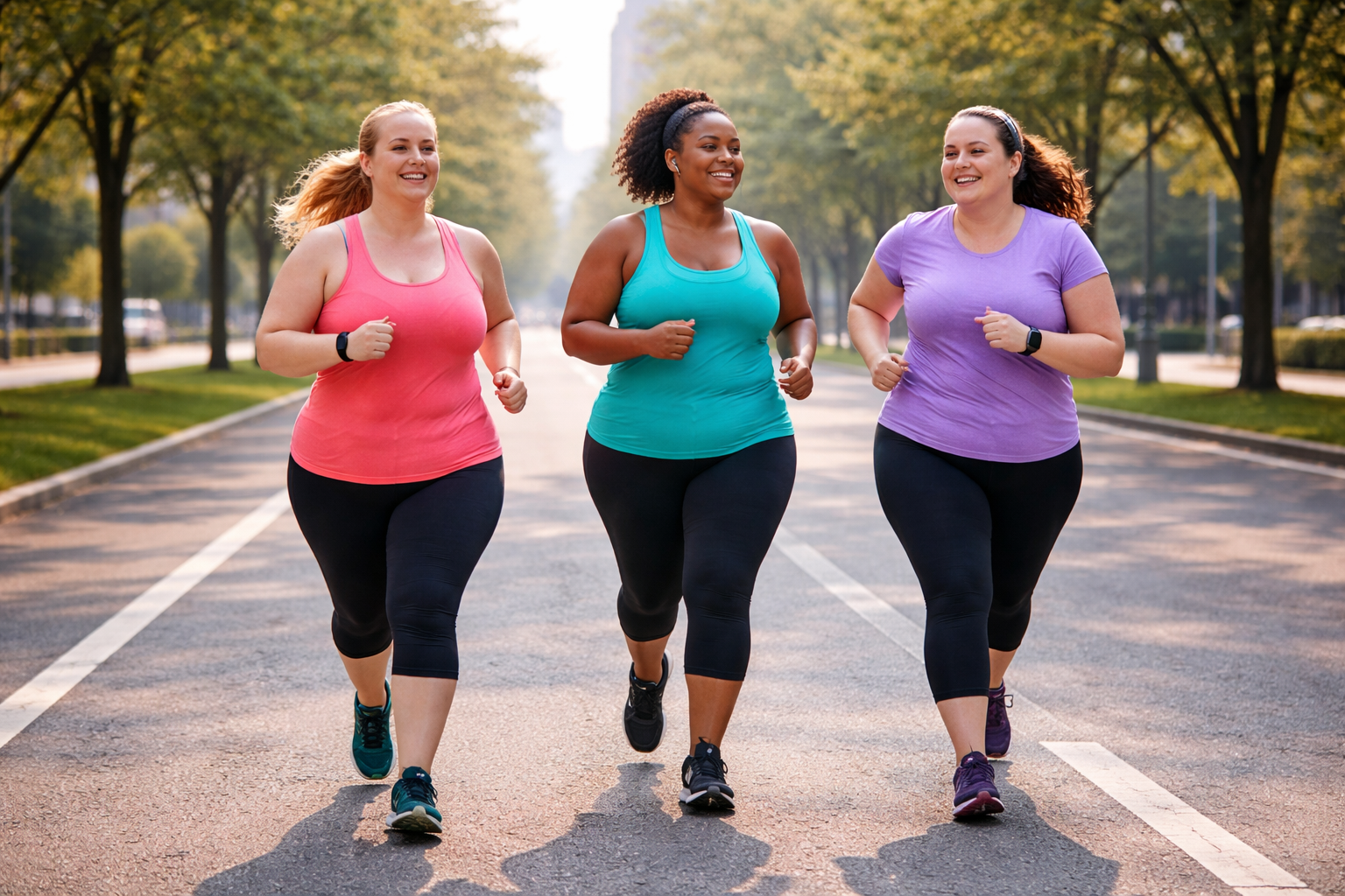 tres mulheres acima do peso correndo em avenida corrida de rua feminina