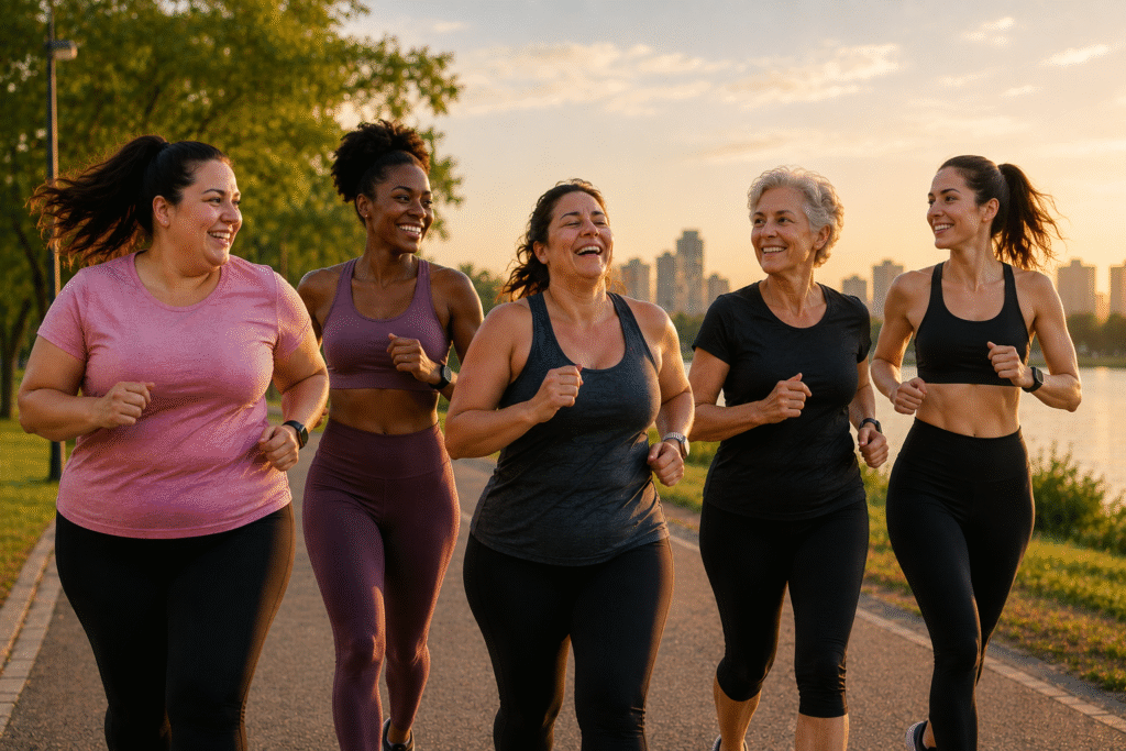 mulheres de diferentes idades e biotipos correndo juntas em parque representando saude feminina e corrida