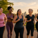 mulheres de diferentes idades e biotipos correndo juntas em parque representando saude feminina e corrida