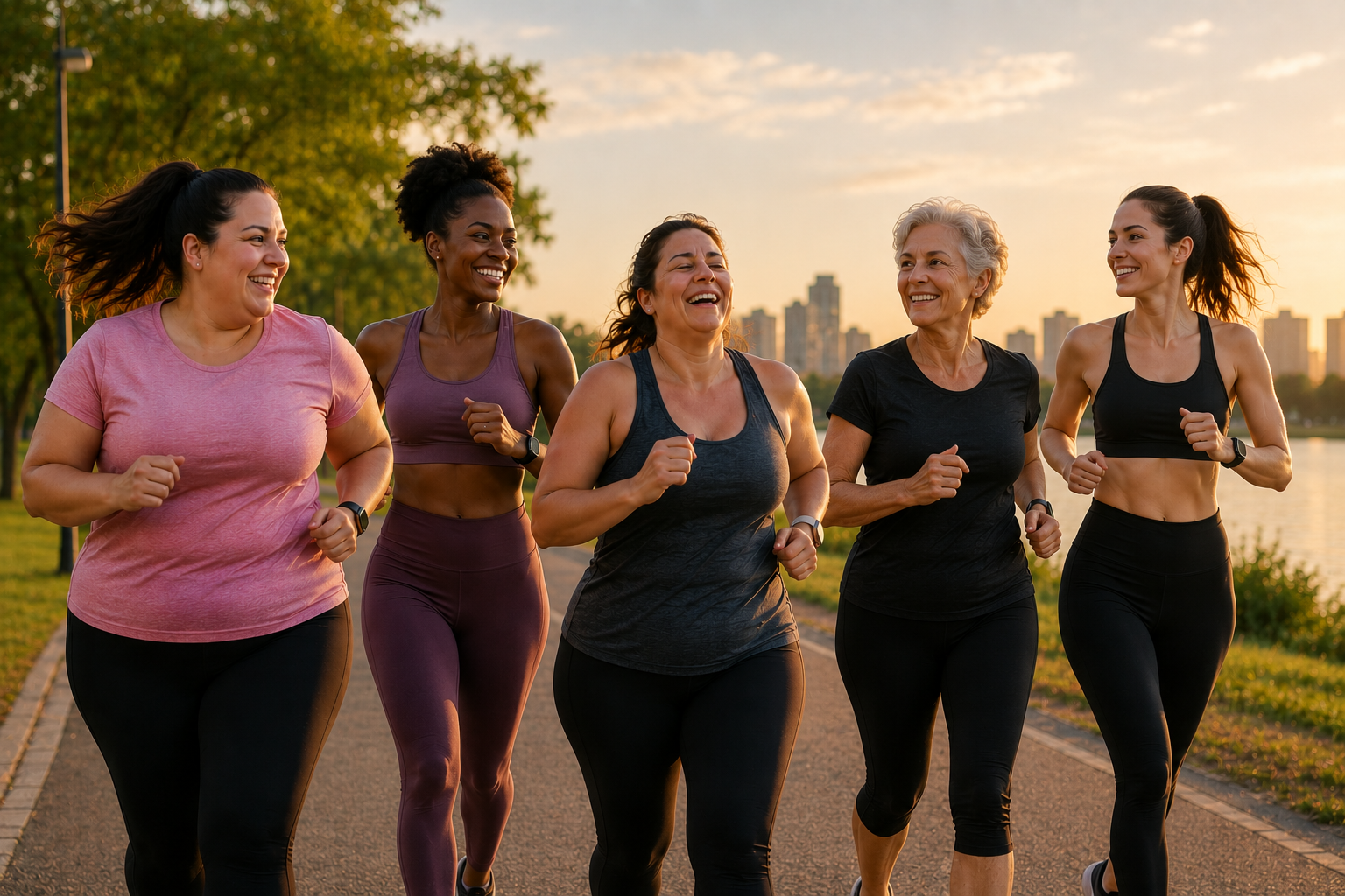 mulheres de diferentes idades e biotipos correndo juntas em parque representando saude feminina e corrida
