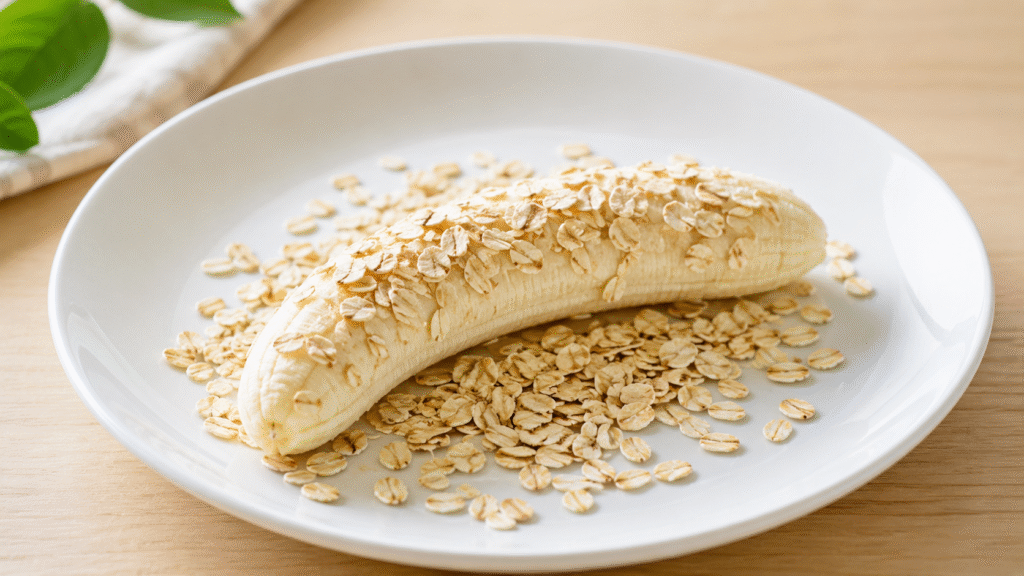 Banana descascada com aveia em prato branco como opção de pré-treino para corrida.