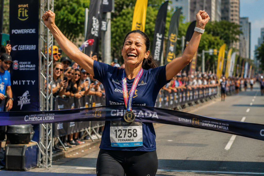 Corredora emocionada cruzando a linha de chegada com medalha