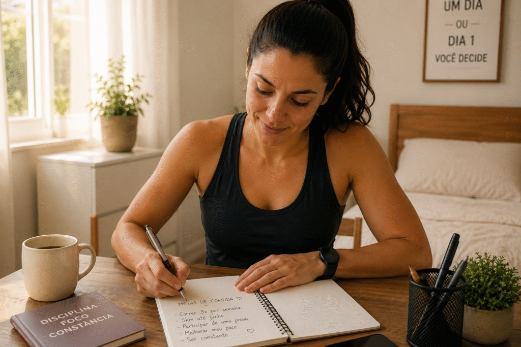 Mulher anotando metas de corrida em caderno antes do treino