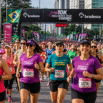 Mulheres correndo na Maratona de São Paulo com a Av. Paulista ao fundo