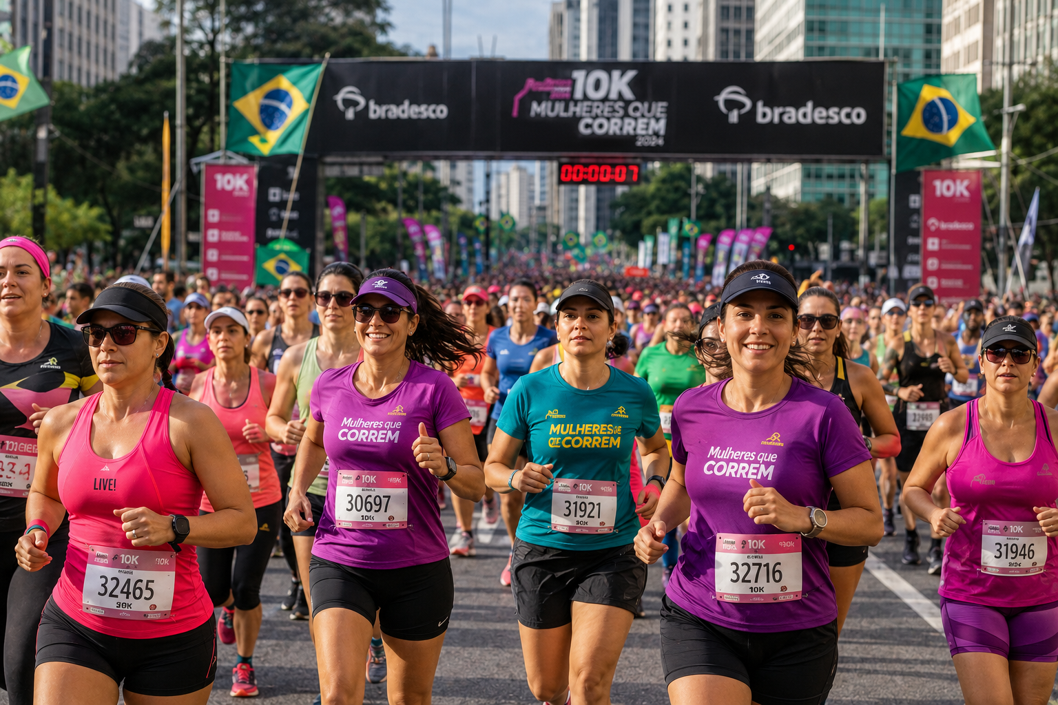 Mulheres correndo na Maratona de São Paulo com a Av. Paulista ao fundo