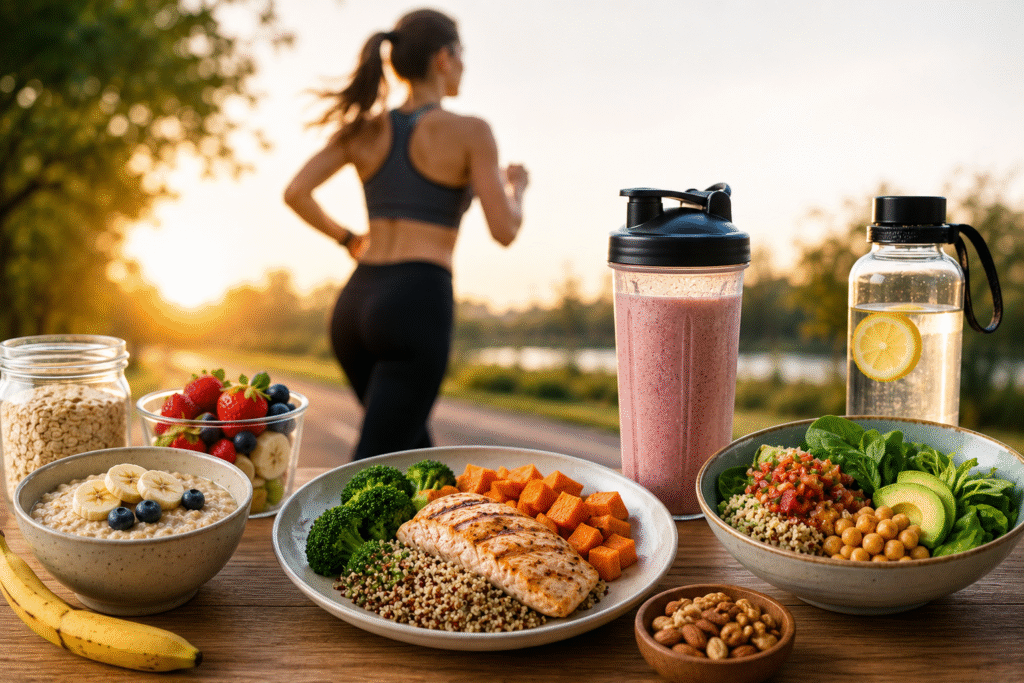 nutricao para corredoras mulher correndo ao fundo com alimentos saudaveis antes durante e depois da corrida