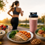 nutricao para corredoras mulher correndo ao fundo com alimentos saudaveis antes durante e depois da corrida