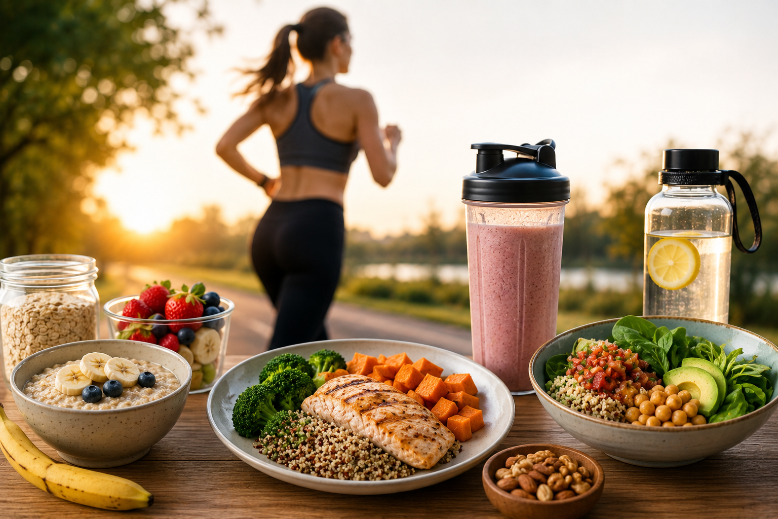 nutricao para corredoras mulher correndo ao fundo com alimentos saudaveis antes durante e depois da corrida