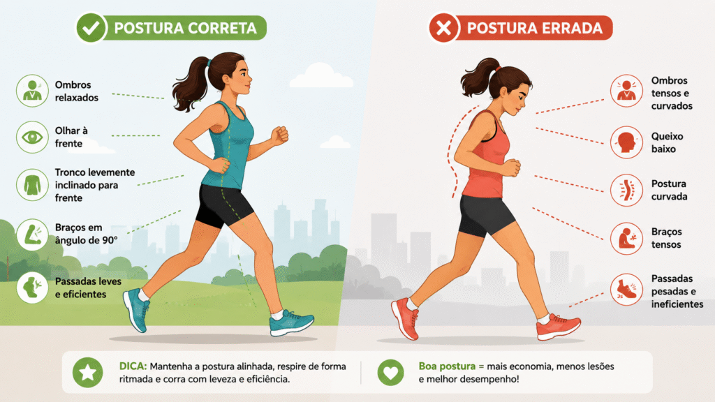 Comparação de postura correta e incorreta durante a corrida