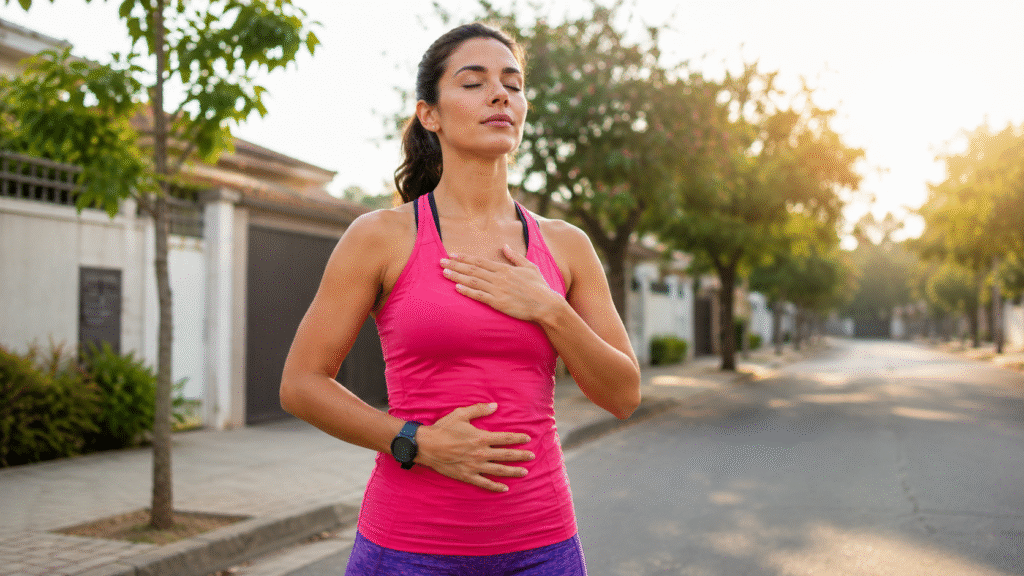 Mulher corredora praticando respiração diafragmática antes do treino de corrida